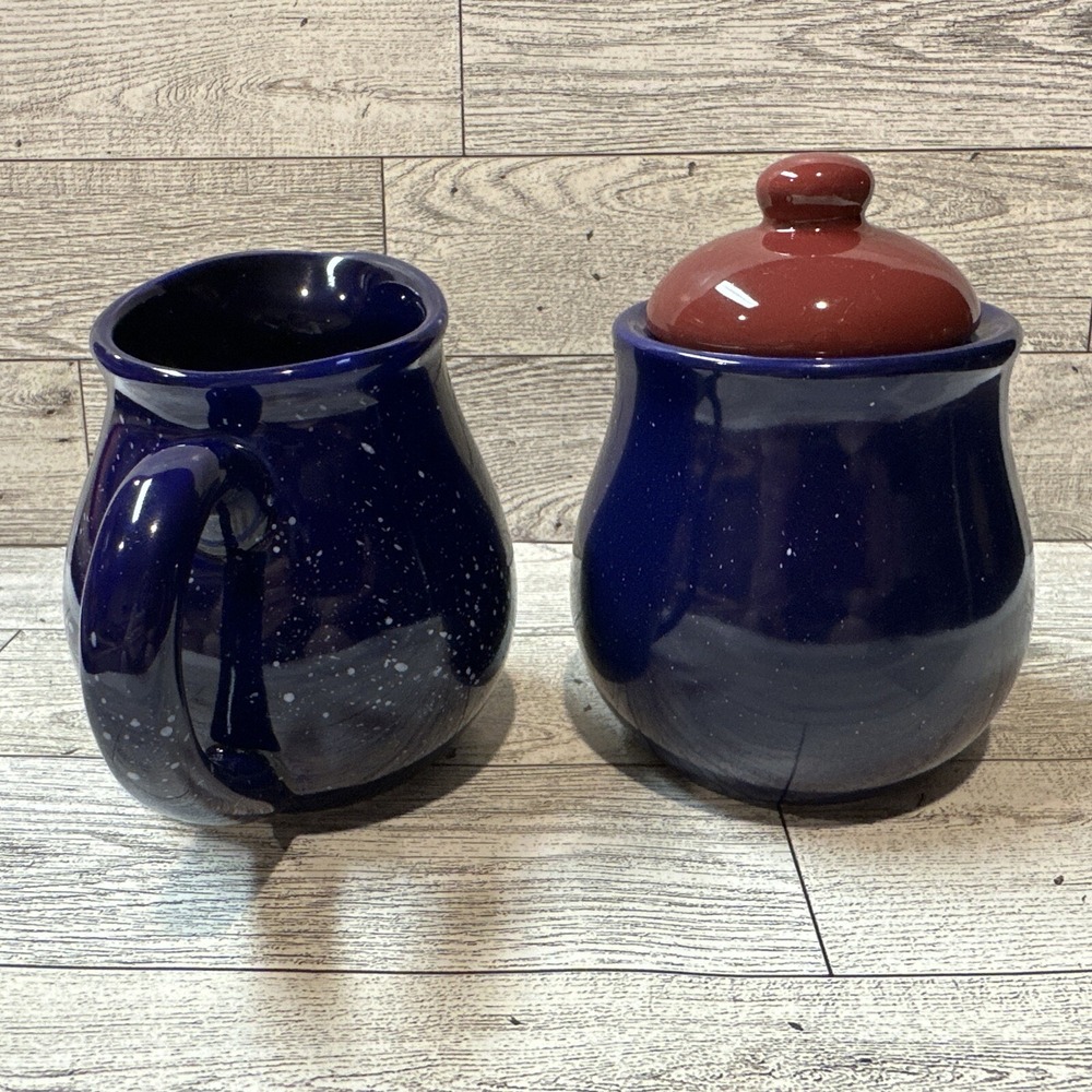 Ceramic Cobalt Blue Cream & Sugar‎ Set w/ Maroon Lid & White Speckles - Picture 4 of 6